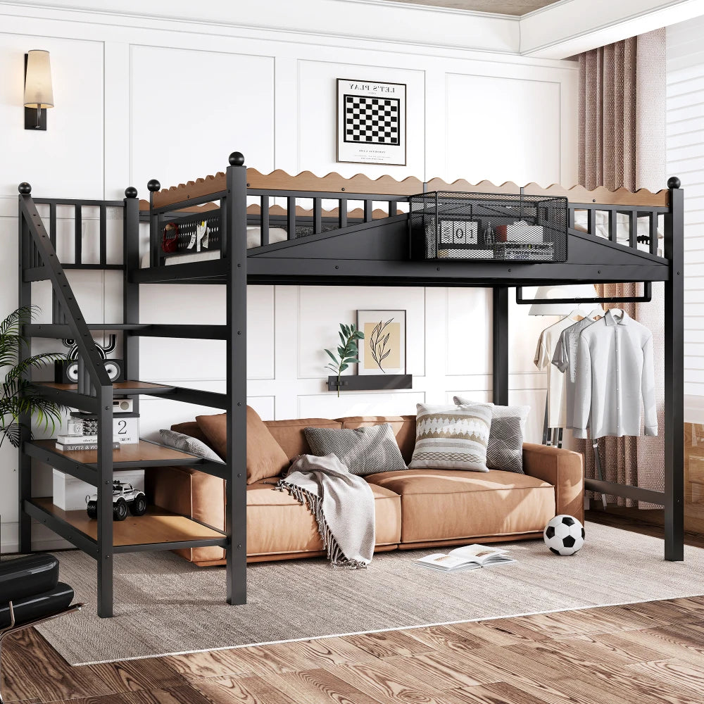 Full Size Loft Bed with Storage Stairs, Metal Loft Beds Frame with Storage Shelves and bookshelf, Loft Bed for Bedroom, Guest