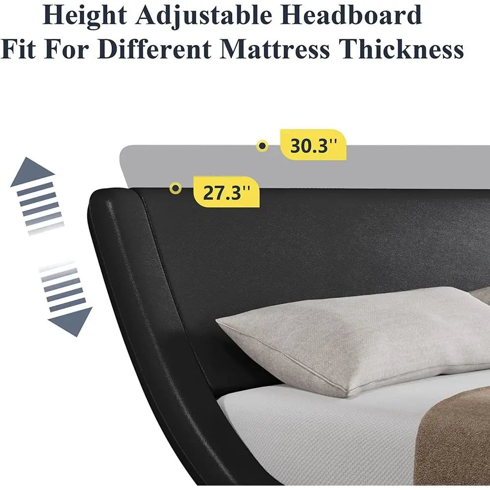 Ergonomic Adjustable Queen Bed with Low Profile Upholstered Platform Sleigh Design - Easy Assembly, No Box Spring Needed, Black
