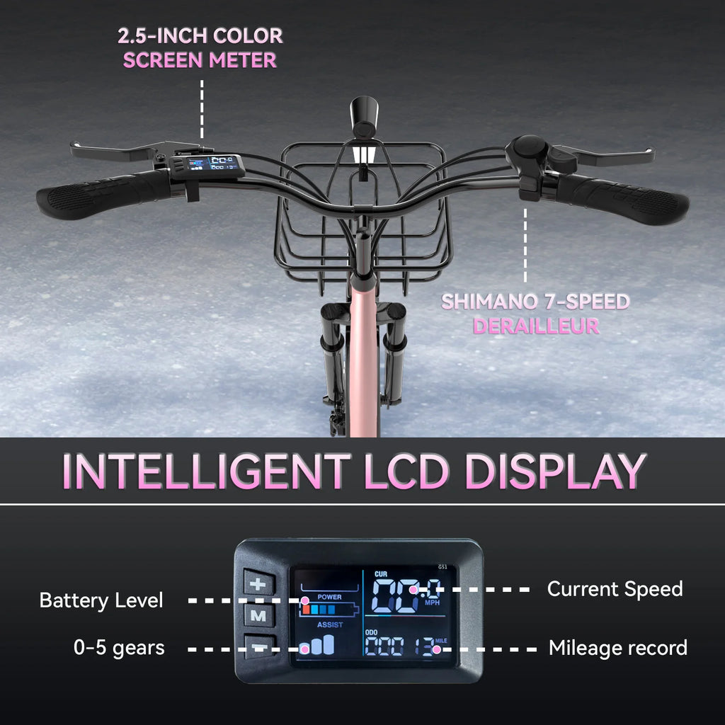 24'' Electric Bike for Adults, Peak 1000W Motor 28MPH, 624WH Battery 75Miles, Step Through City Cruiser Ebike, Commuter E Bike