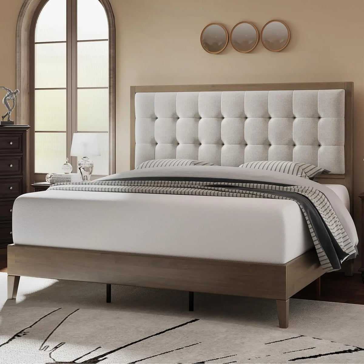 Solid Wood Queen Size Bed Frame 50.2" Tall Upholstered Headboard, No Box Spring Needed, Walnut, Customized