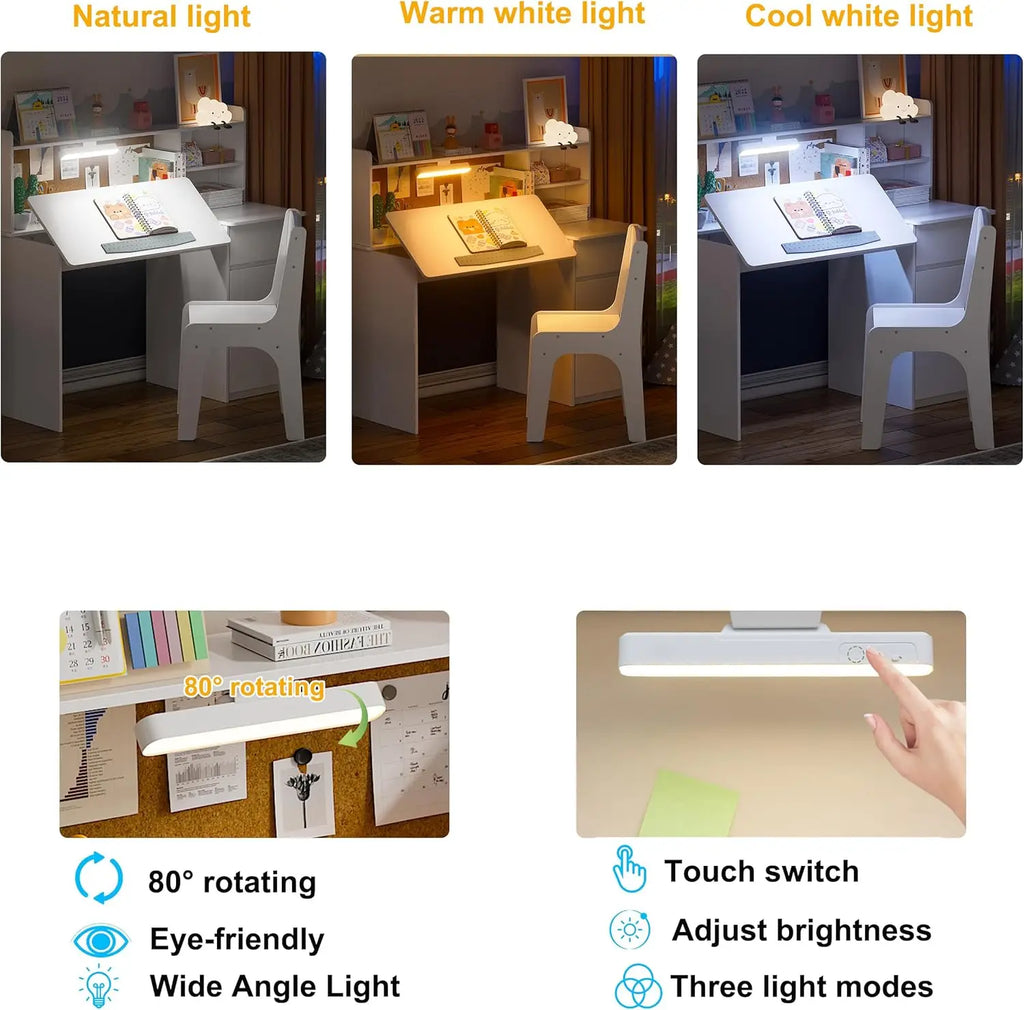 Kids Study Desk Chair Set Children Table Three Color Lights Tiltable Desktop Multi Functional Children Wooden Student Writing De