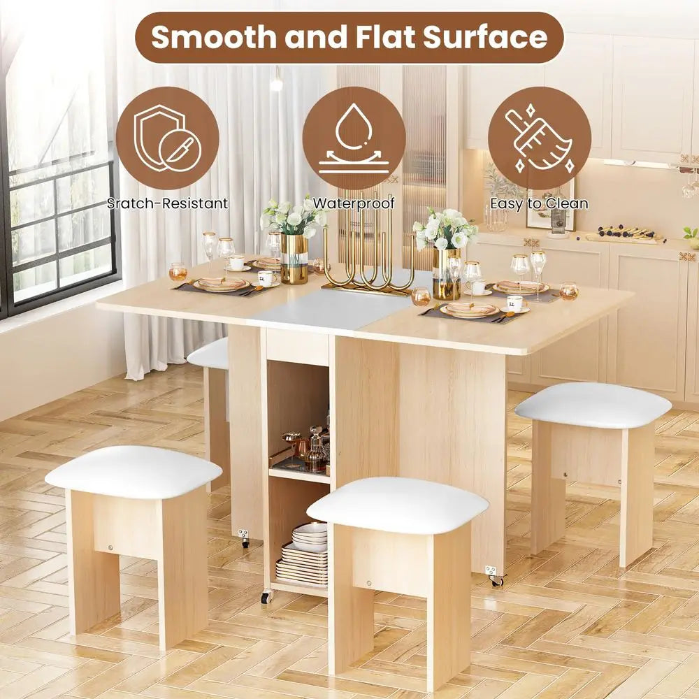 Foldable Dining Table Set for 4,Folding Dining Table with 4 Leather Chairs amp Storage,Drop Leaf Dinner Table with 6 Wheels,Fold