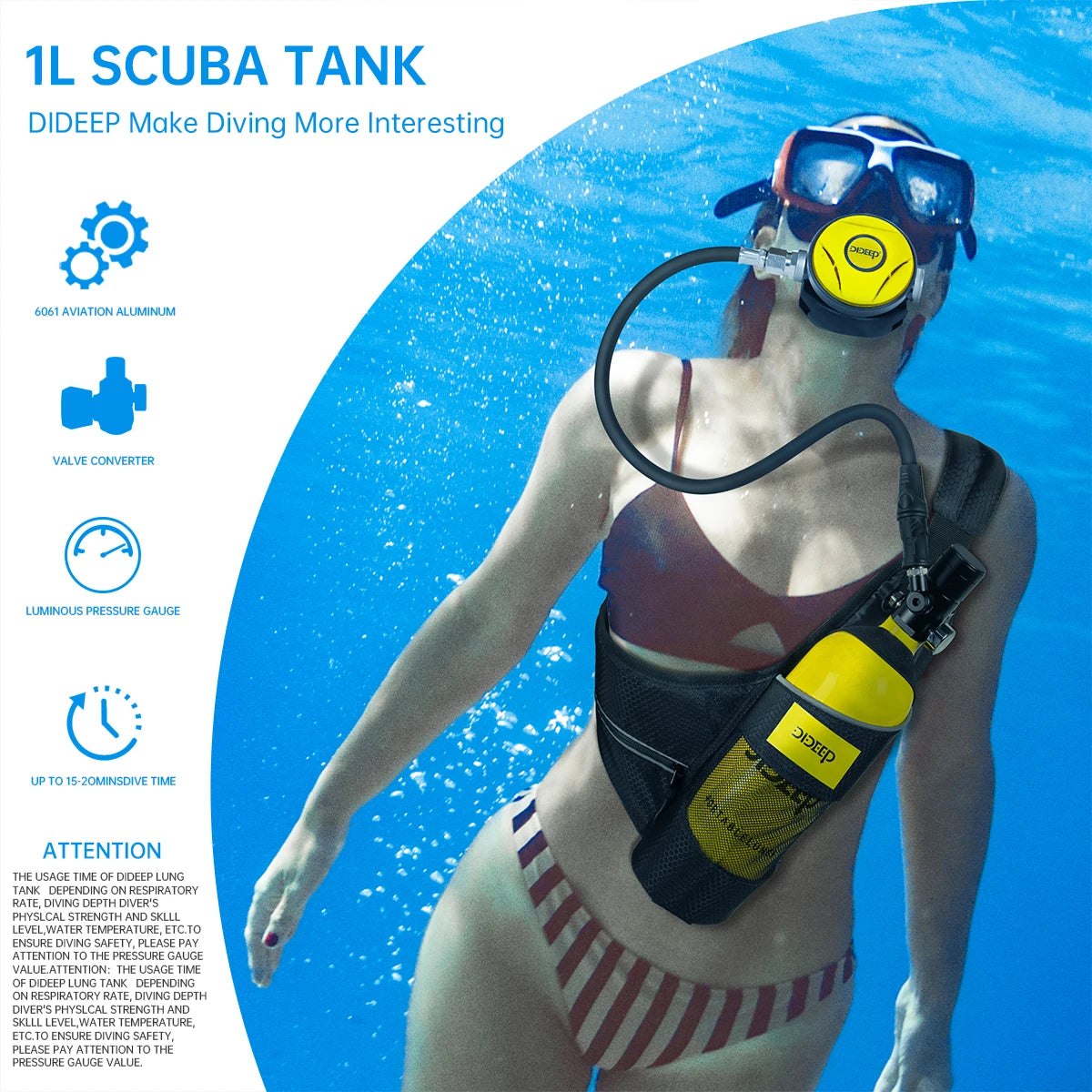 DIDEEP 1Liter Mini Scuba Diving Tank Set, 15-20Mins Underwater Diving Cylinder with Hand Pump，Portable Lungs Gear with 3000 PSI