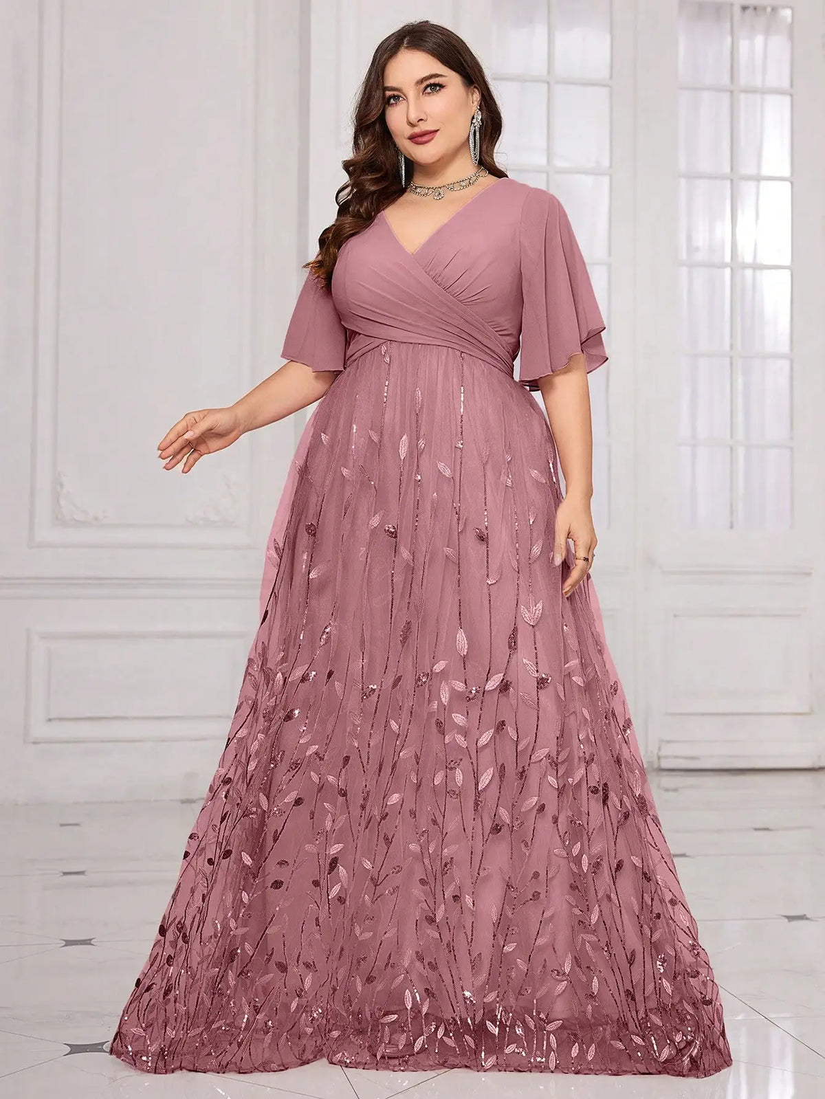 Plus Size V-Neck Flounce Sleeve Leaf Embroidered Mesh Evening Gown For Wedding Guest Prom