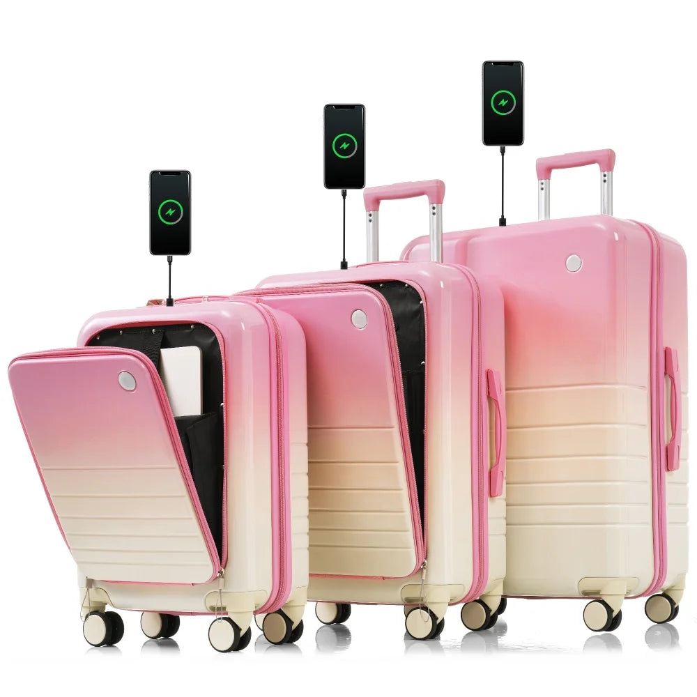 Luggage Set of 3 20 24 28inch with USB Port 20 24inch with Front Opening Design Airline Certified Carry on Luggage Cup Holder