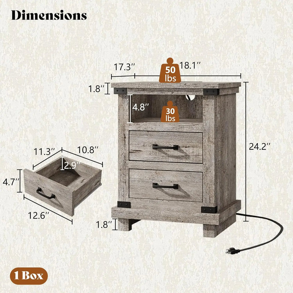 18" Wood Nightstand Set of 2 with Charging Station & 2 Drawers for Bedroom Living Room Light Grey, Customized