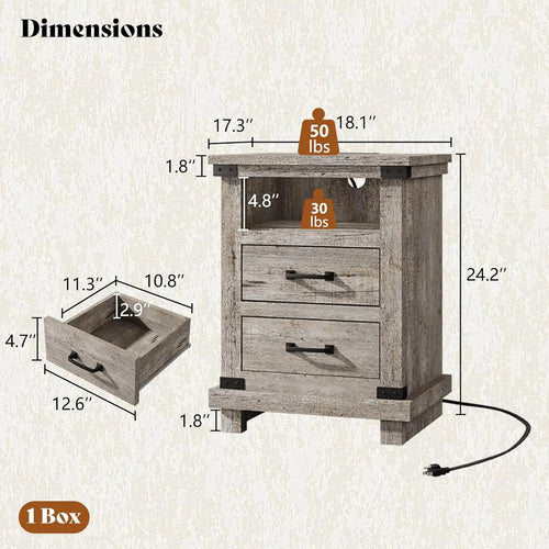 18" Wood Nightstand Set of 2 with Charging Station & 2 Drawers for Bedroom Living Room Light Grey, Customized