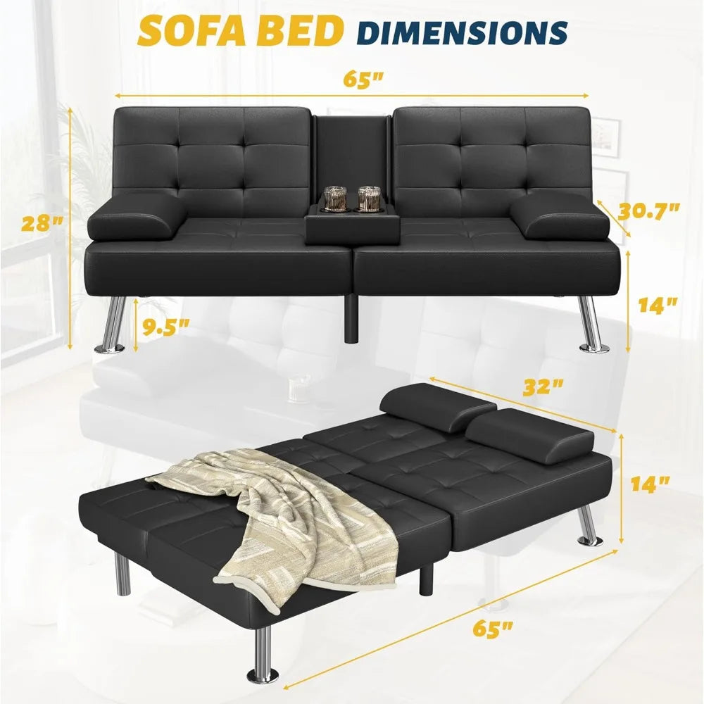 Adjustable Futon Couch Sleeper Sofa Bed with Cup Holders for Living Rooms and Offices, Ideal for Business Spaces and Comfortable