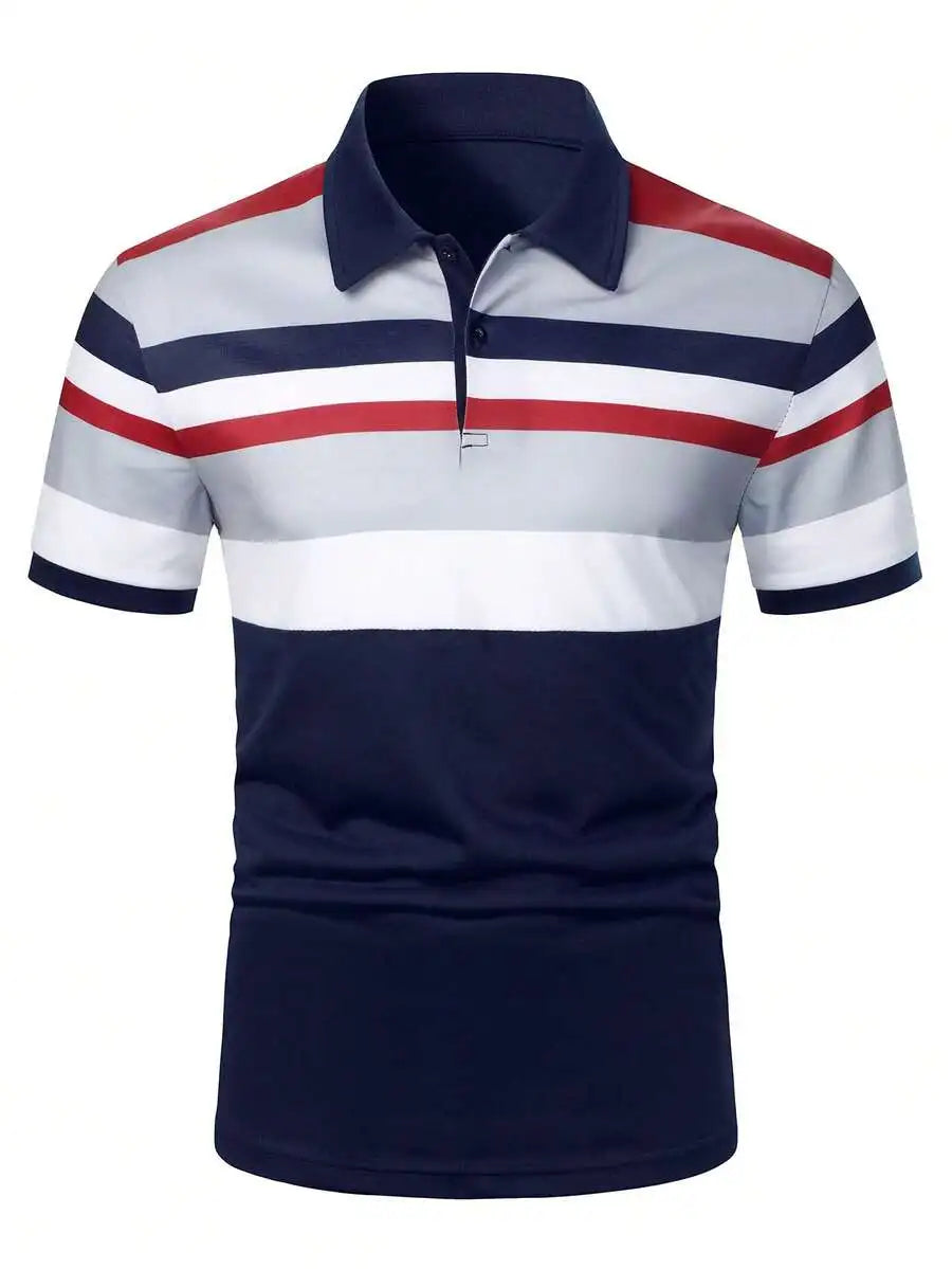 Men's Short Sleeve Striped Polo Shirt in Navy, Red, White & Gray