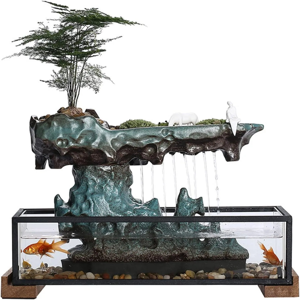 Tabletop Water Fountain with Aquarium and Rockery Indoor Water Fountain with Power Cord and Pump for Home Office Decor 16.9\" L X