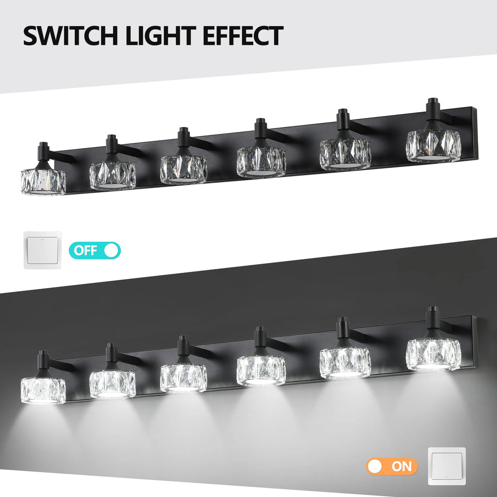 Modern LED Vanity Light 6-Light Matte Black Fixture with Crystal Glass Shades, Bathroom Wall Sconce for  Contemporary Home Decor
