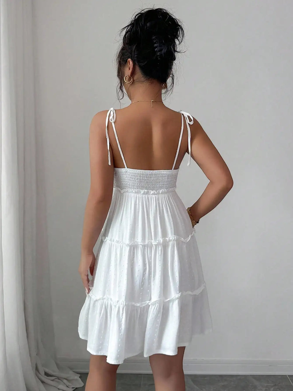 White Swiss Dot Tiered Ruffle Cami Dress for Summer Vacation