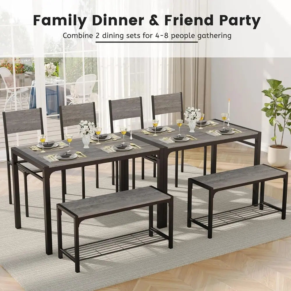 43.3 Grey Metal Dining Table Set with Bench and 2 Chairs for Small Spaces