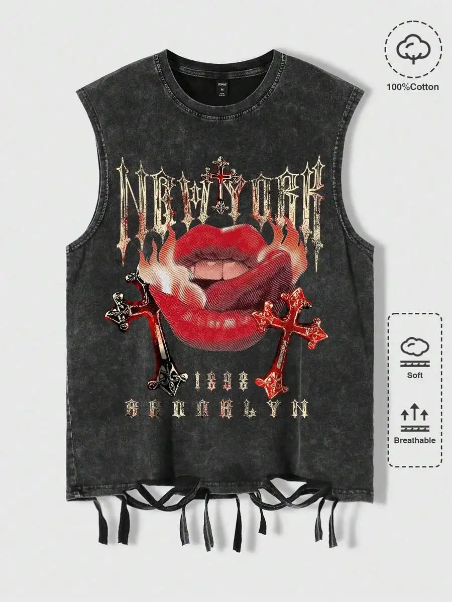 Men's Distressed Sleeveless Tee with Gothic Graphic Print, Soft Cotton, Summer Casual Wear
