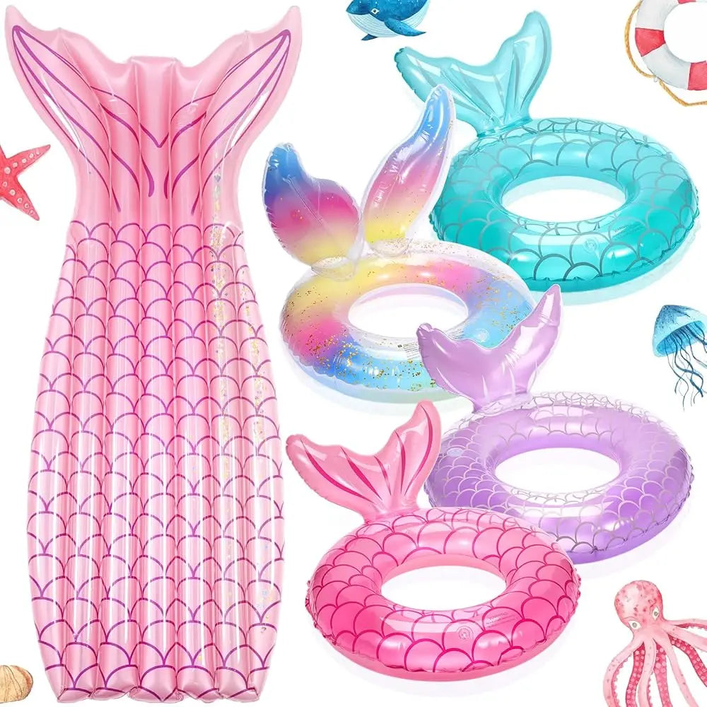 5 Pack Pool Floats Include 4 Pcs Mermaid Inflatable Pool Float Tube 1 Pcs Floatie Raft Mermaid Tail Swim Ring for Beach Water