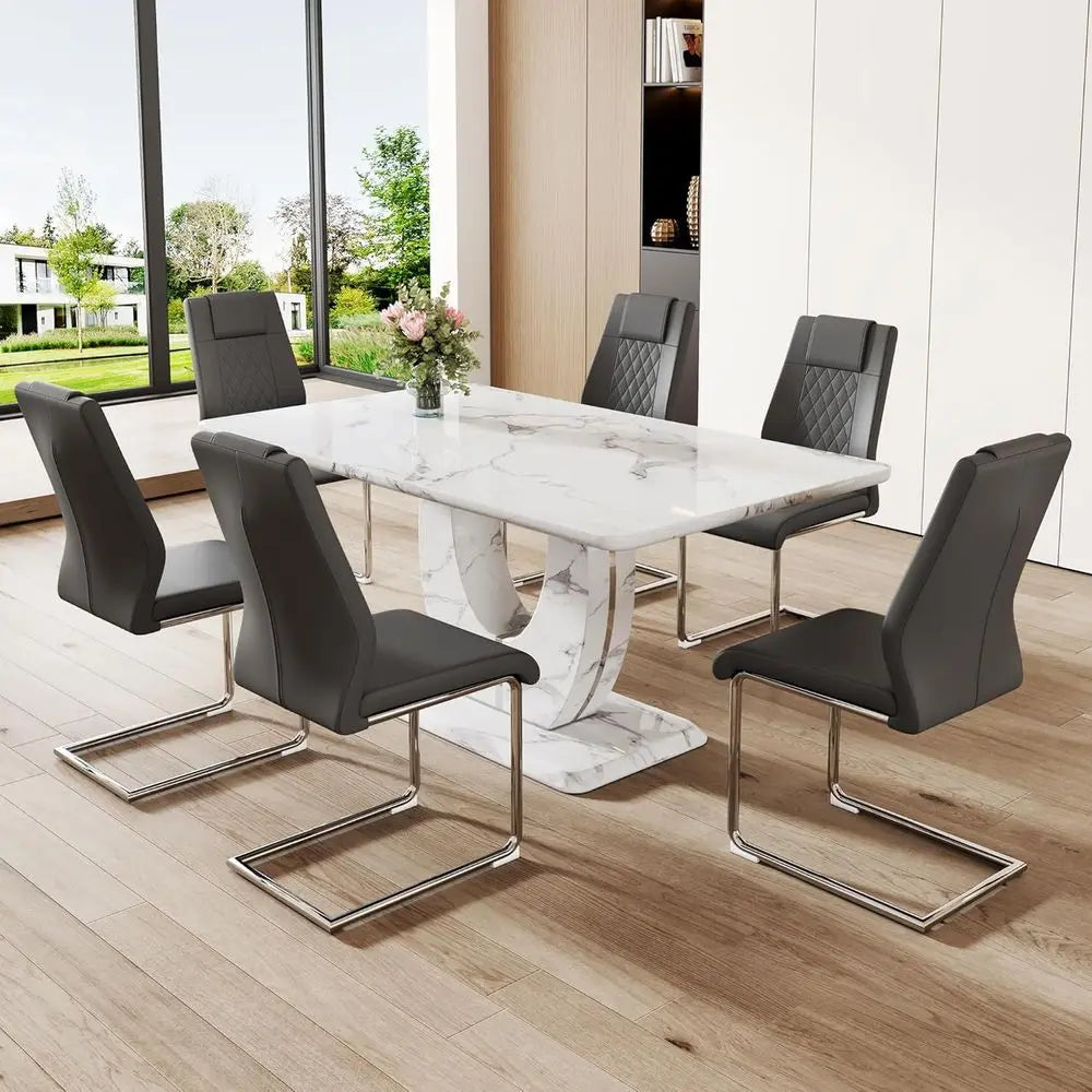 Dining Table Set or 6, Kitchen Table Chairs Set o 6, ern Dining Room Set with 63'' Marble Dinner Table PU Leather Upholstered Ch
