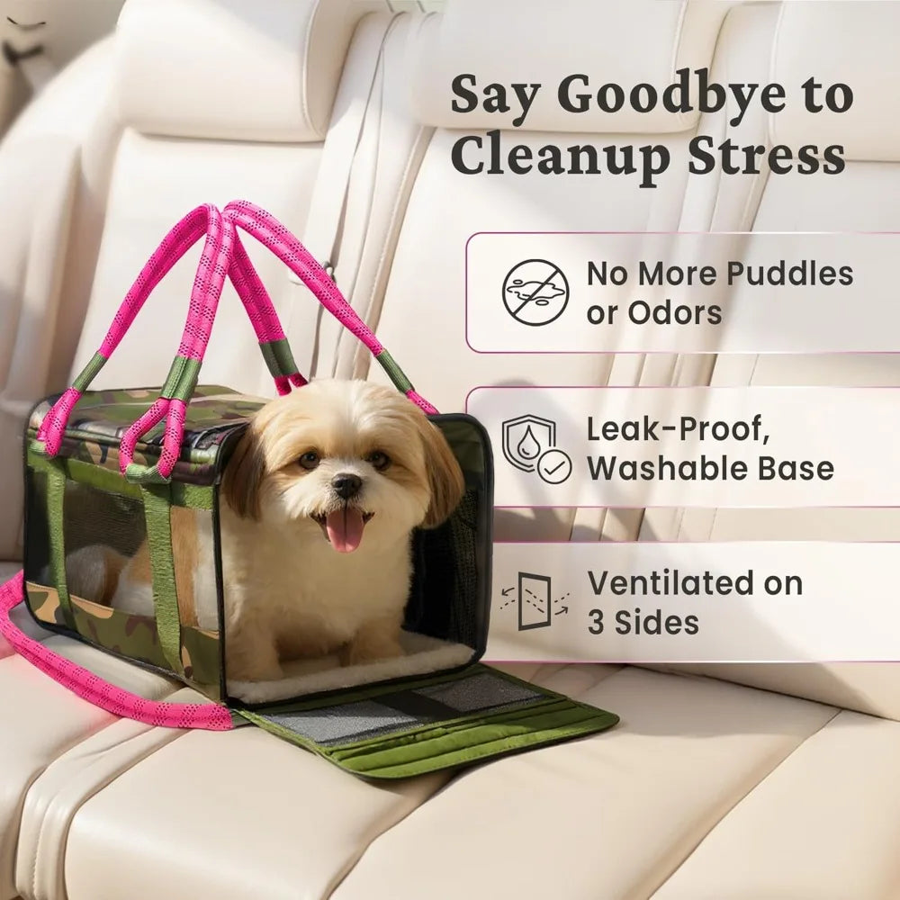 Soft Sided Pet Carrier, Cat Carrier, Dog Carrier, Pets Up to 15 lbs, Leash & Luggage Strap, Camo Pin