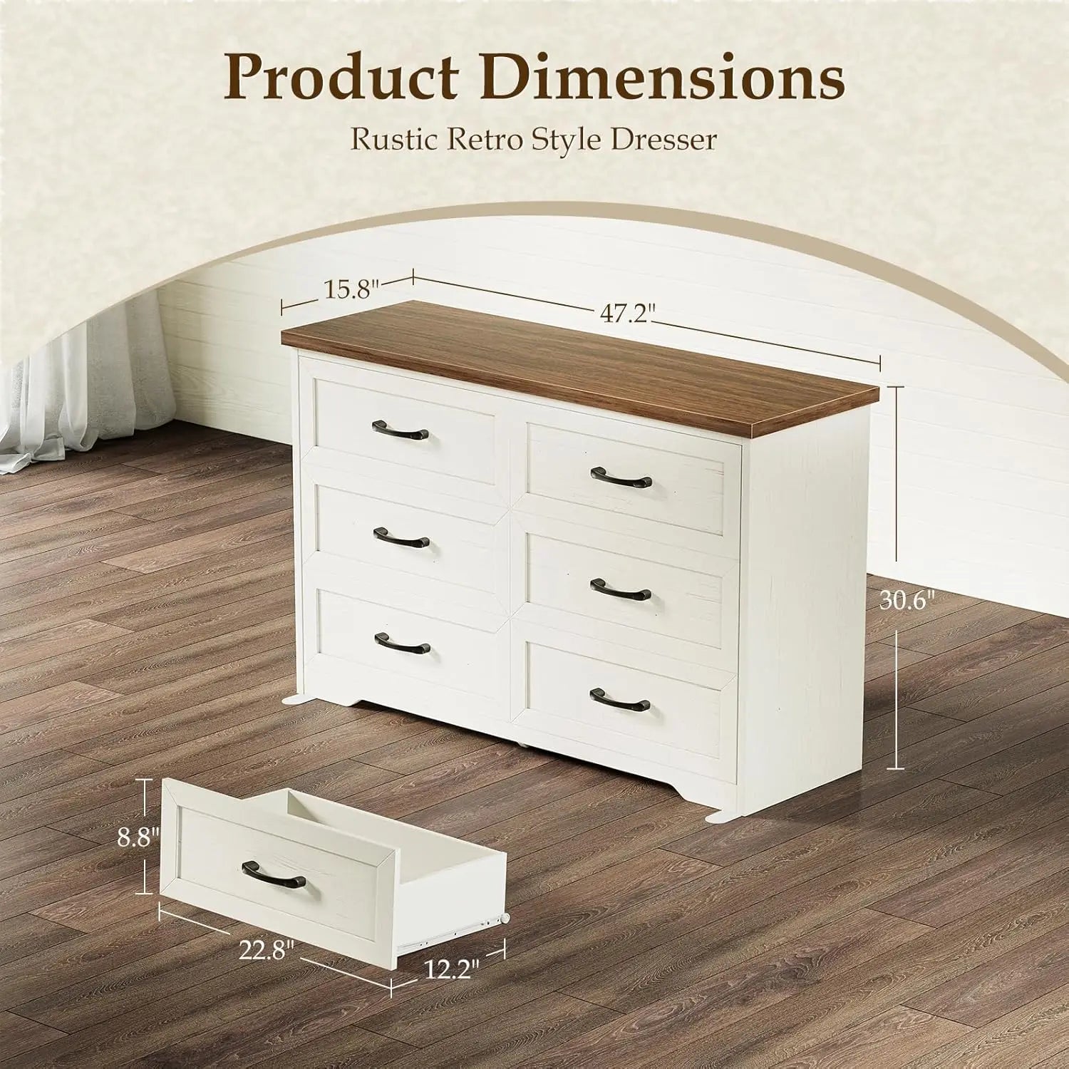 Farmhouse 6 Drawer Dresser for Bedroom, 47” Wide Rustic Storage Dresser with Engineered Wood Frame, Anti-Tip Safety, Customized