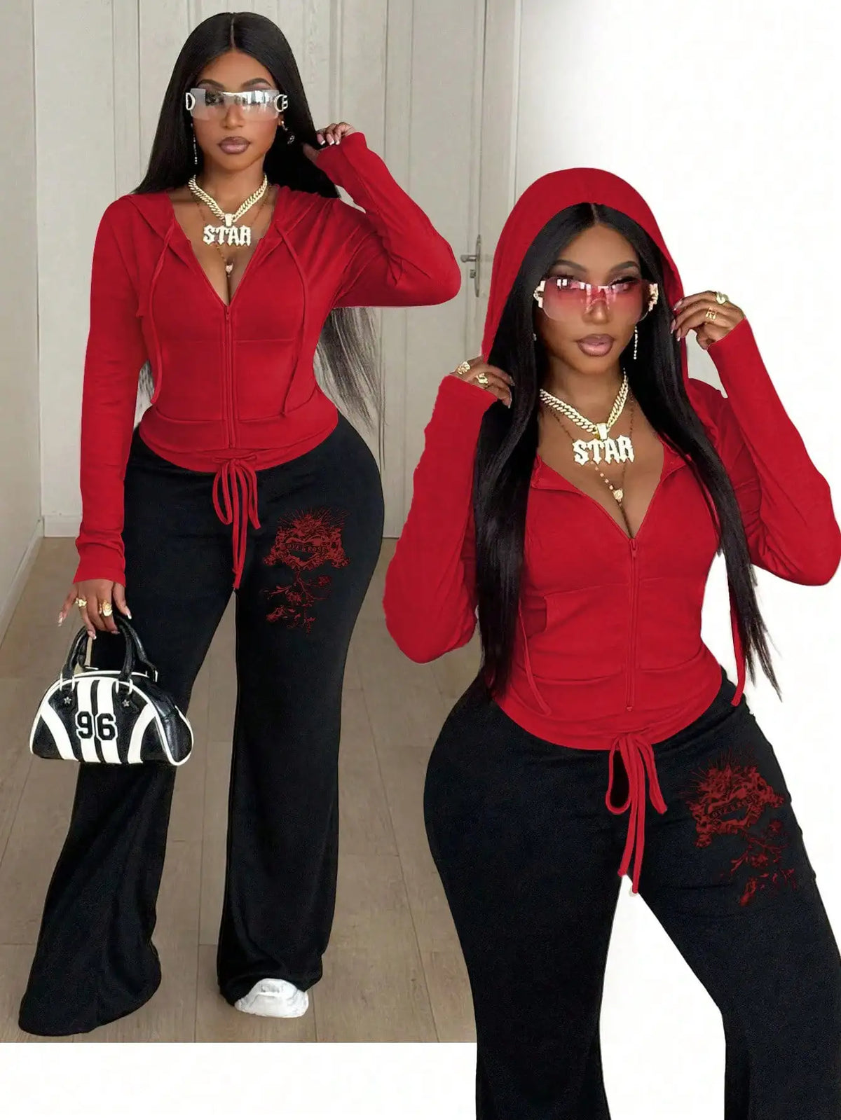 Pink Cropped Hooded Zip-Up Sweatshirt & Black Flare Pants 2-Piece Set with Graphic Embroidery