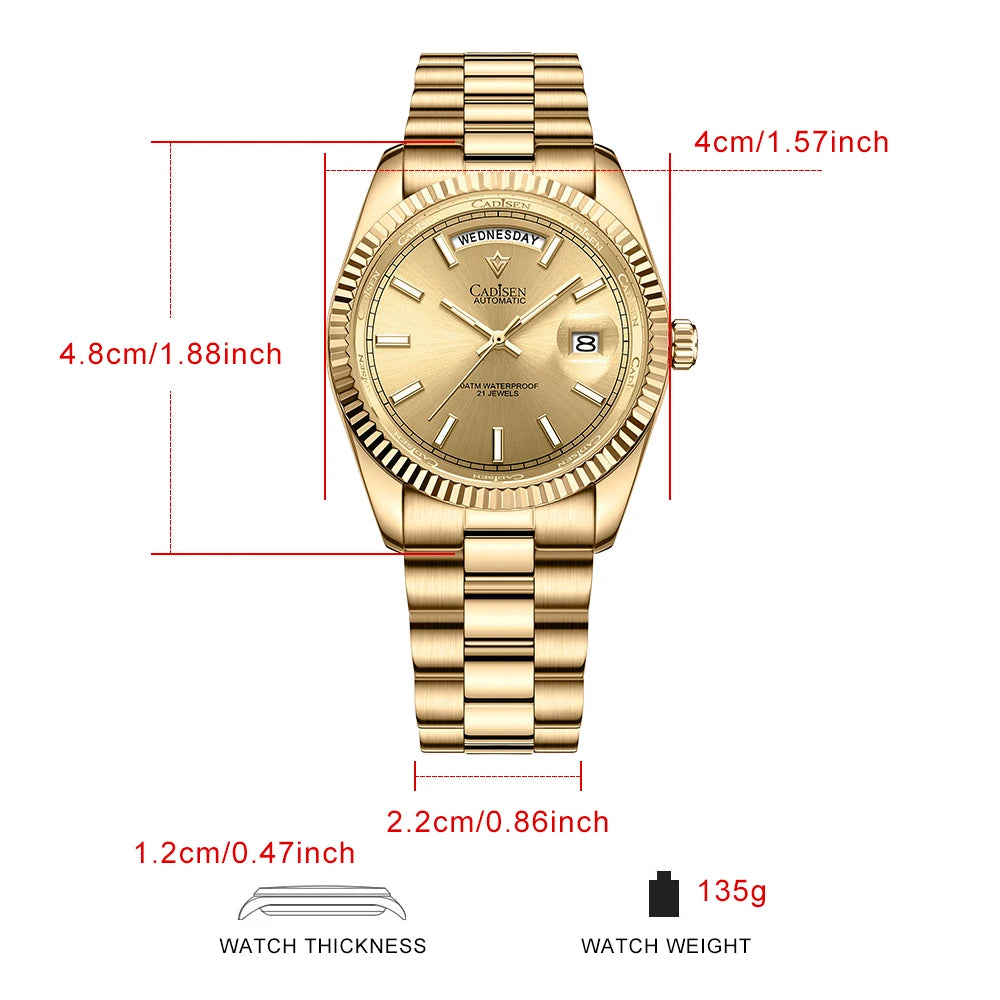 CADISEN Men Watches Luxury Golden Automatic Mechanical Watch Men Sapphire Glass 10Bar MIYOTA 8285 Movement DD40 Week Wristwatch