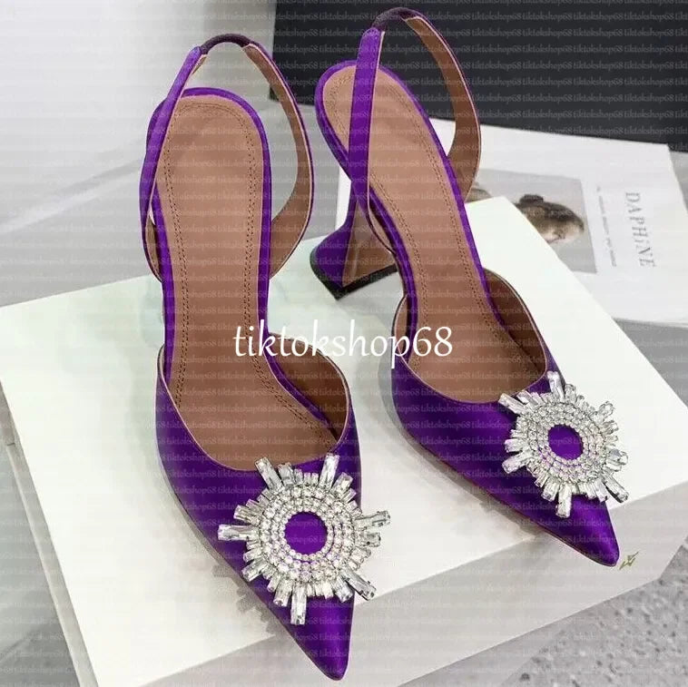 Amina muadii heels designer sandals womens wedding dress shoes satin pointed slingbacks bowtie pumps crystal sunflower flower hi
