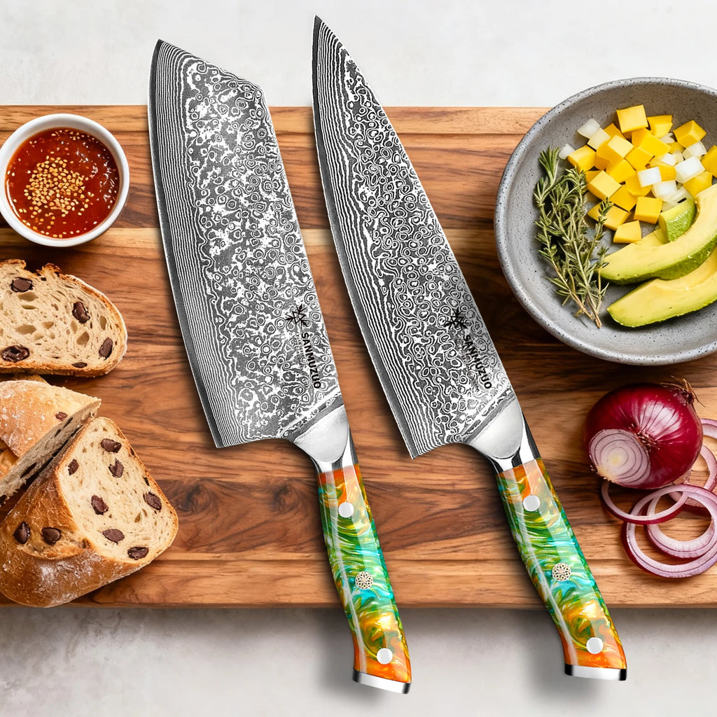 SANMUZUO 2PCS Kitchen Knife Set - Xuan Series - VG10 Damascus Steel Chef Knife & Nakiri Knife, Best Gift for Chef - Resin Handle
