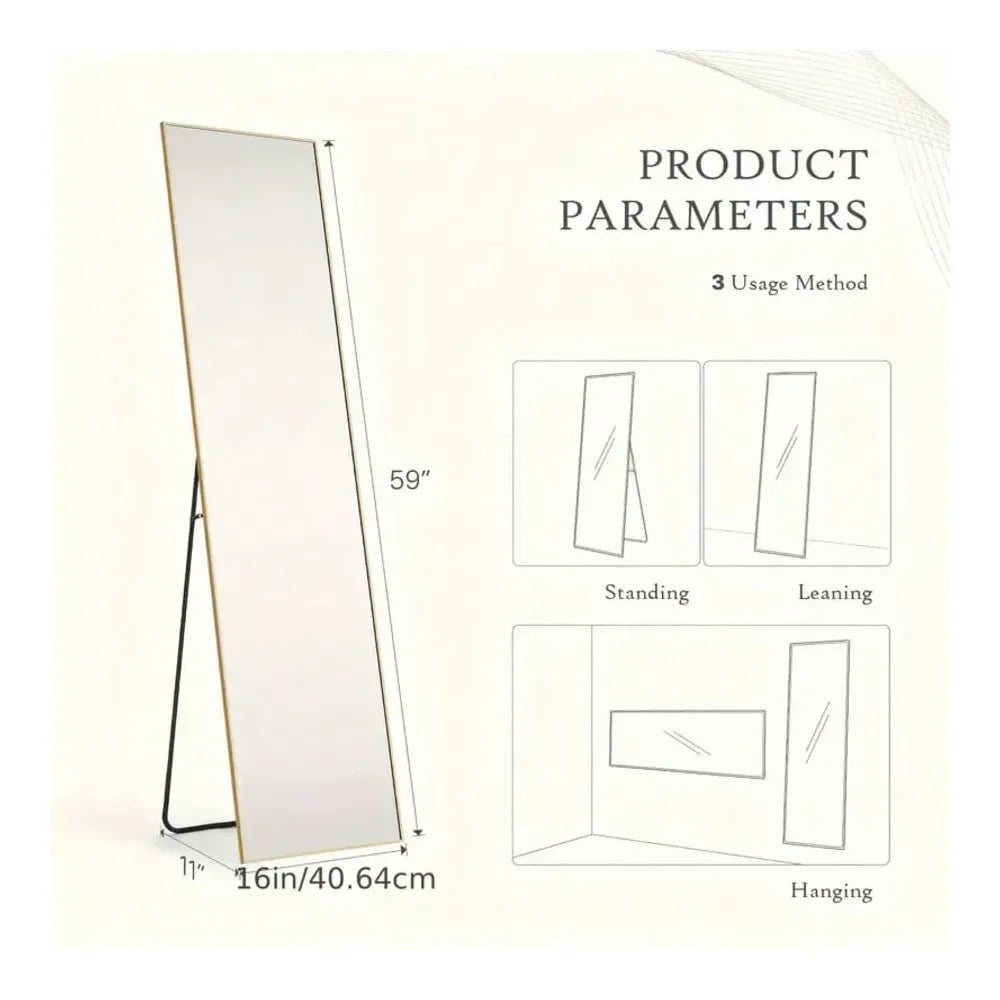 Full Length Mirror, 59 X16 Floor Mirror, Floor Standing Freestanding Full Body Mirror With Stand For Bedroom, Hanging Mounted F