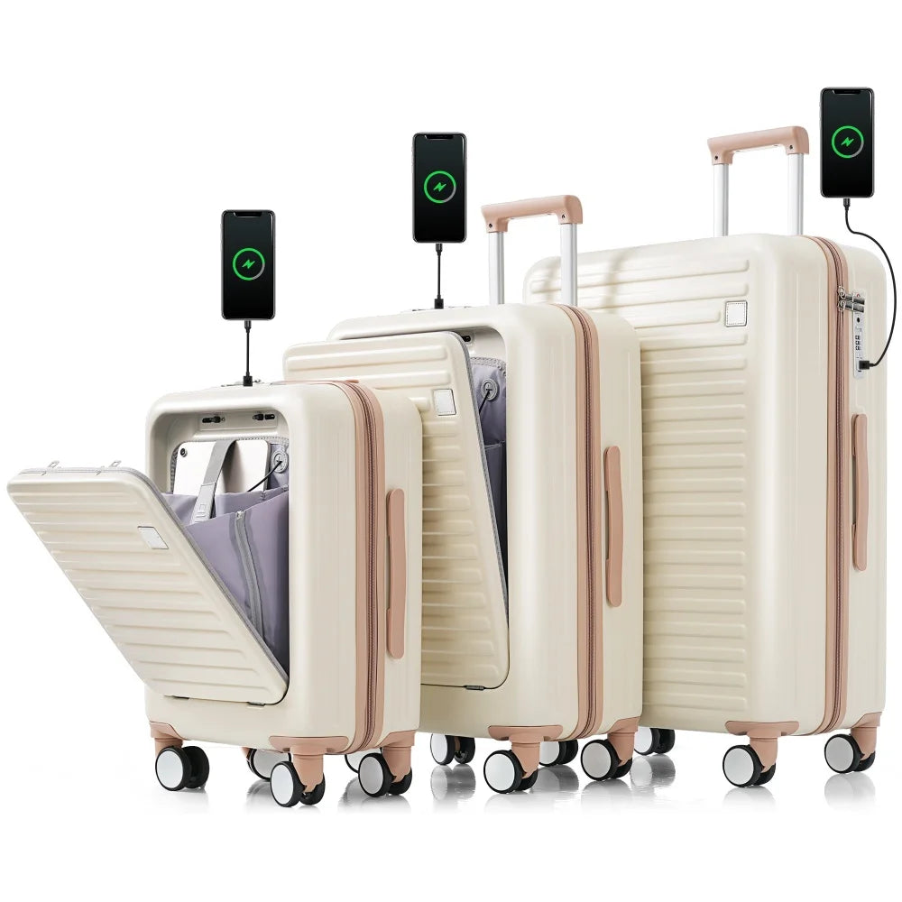 Luggage Set of 3 20 24 28inch with USB Port 20 24inch Front Opening Design Airline Certified Carry on Luggage with Cup Holder