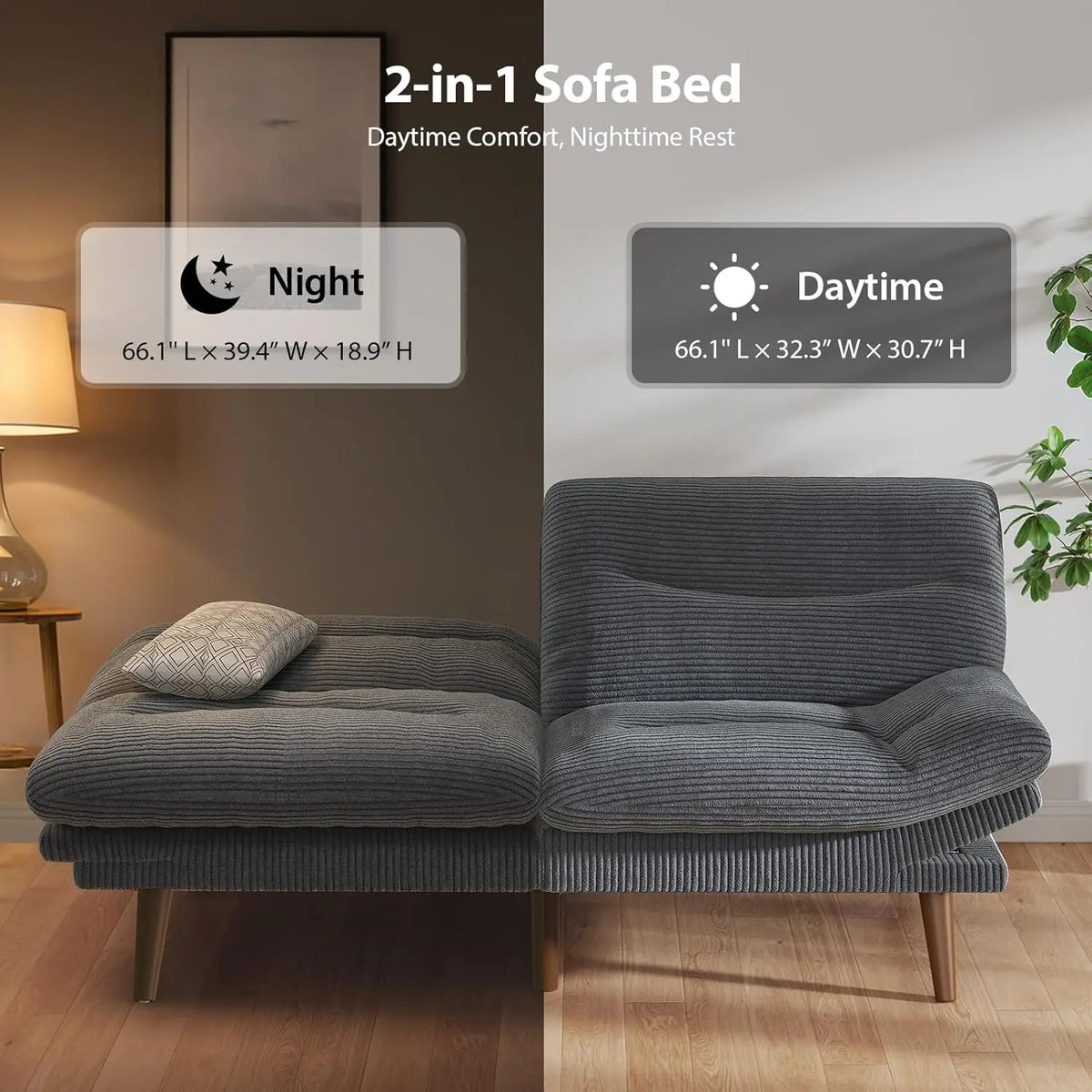 66in Corduroy Convertible Futon Sofa Bed Adjustable Backrest Armrests 3in1 Sleeper Small Space Living Office Grey Customized