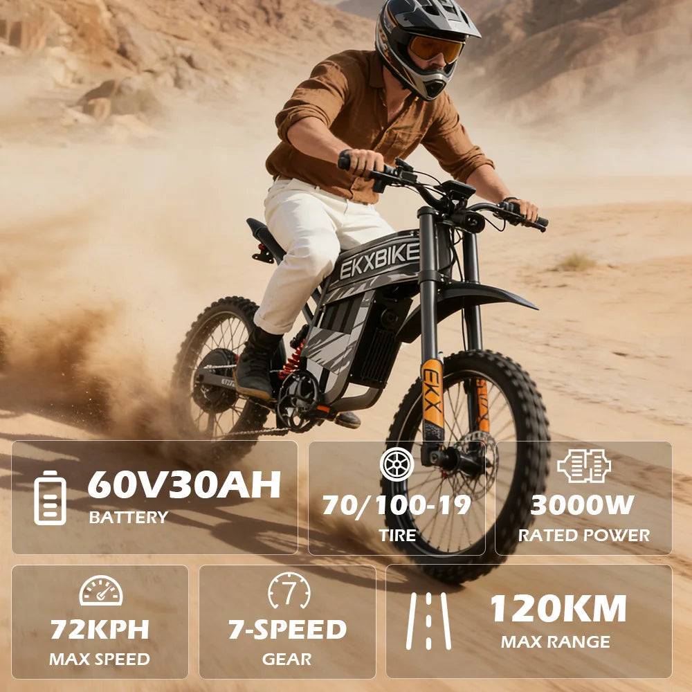 EKXBIKE TX1 Electric Motorcycles 6000W Brushless Gearless Motors 60V30AH Lithium Battery Speed 80Kmh Adult Off Road MTB Ebike