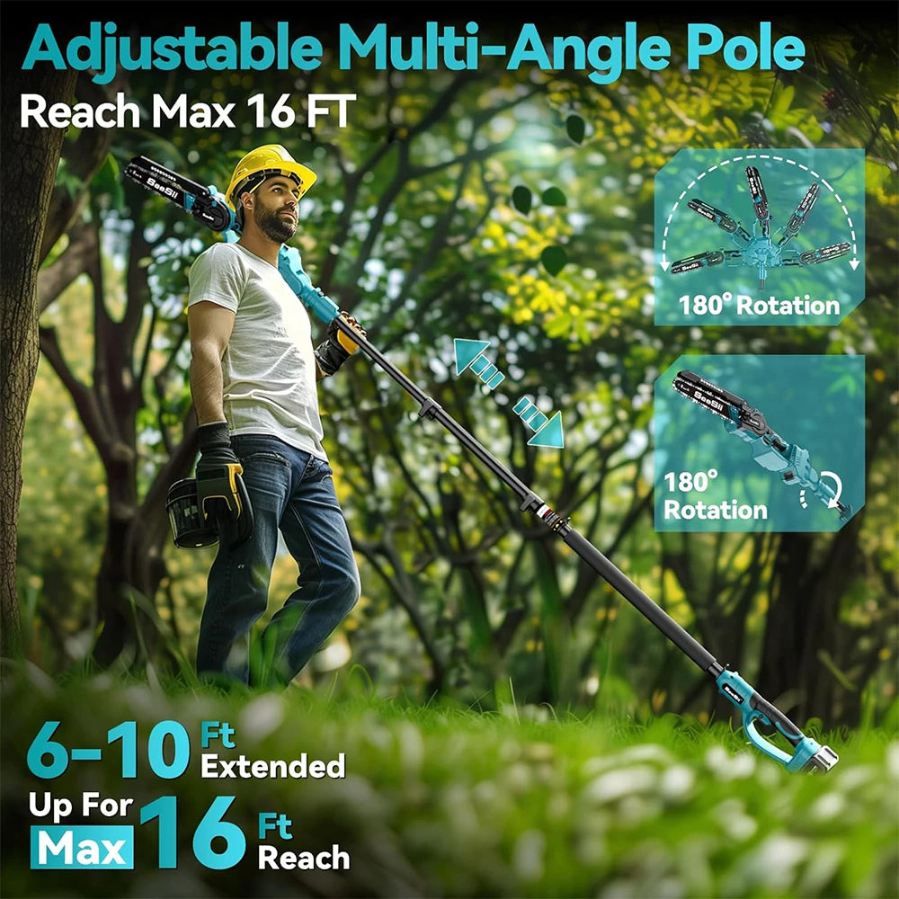 SEESII 2 in 1 Cordless 8 inch Pole Saw Mini Chainsaw Power Electric Polesaw Chain Saw with Extension Pole for Tree Trimming