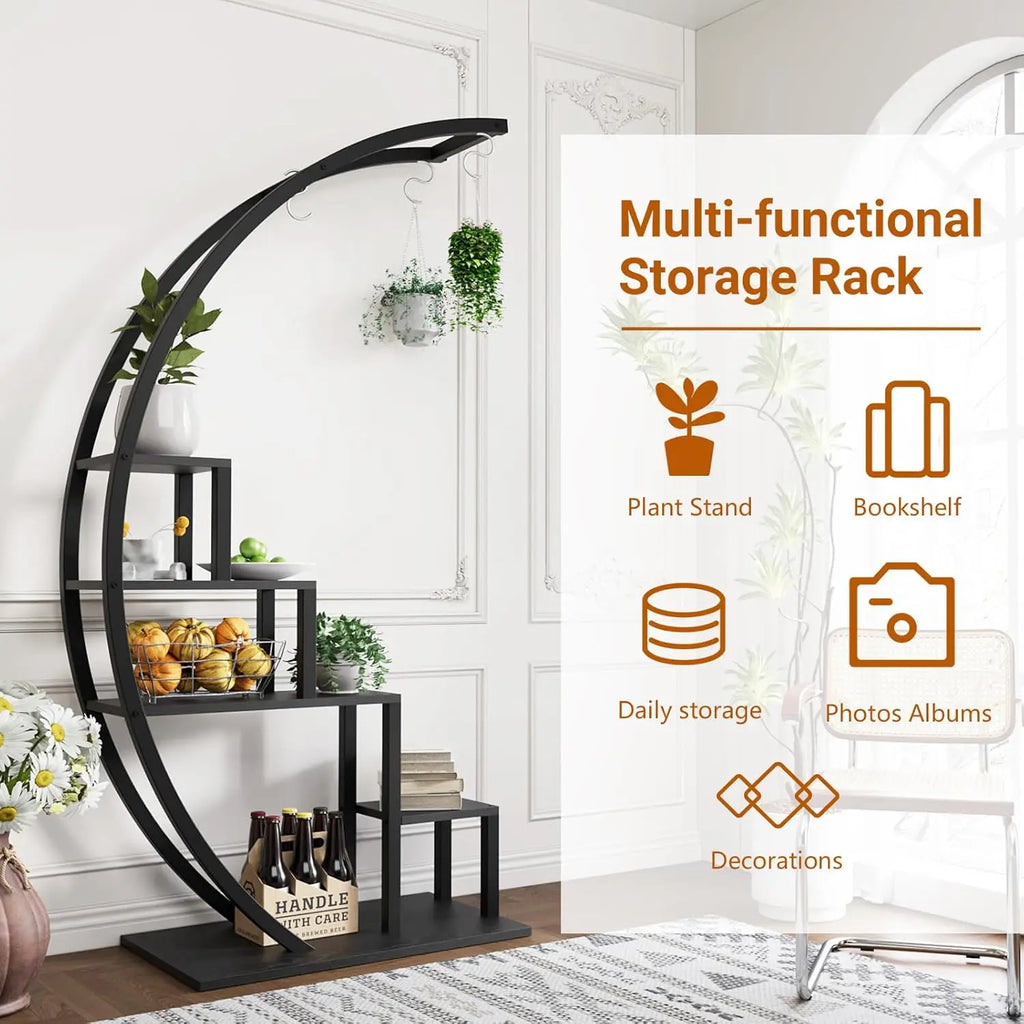 5-Tier Tall Metal Half Moon Plant Shelf, Space-Saving Indoor Flower Rack for Multiple Plants Display
