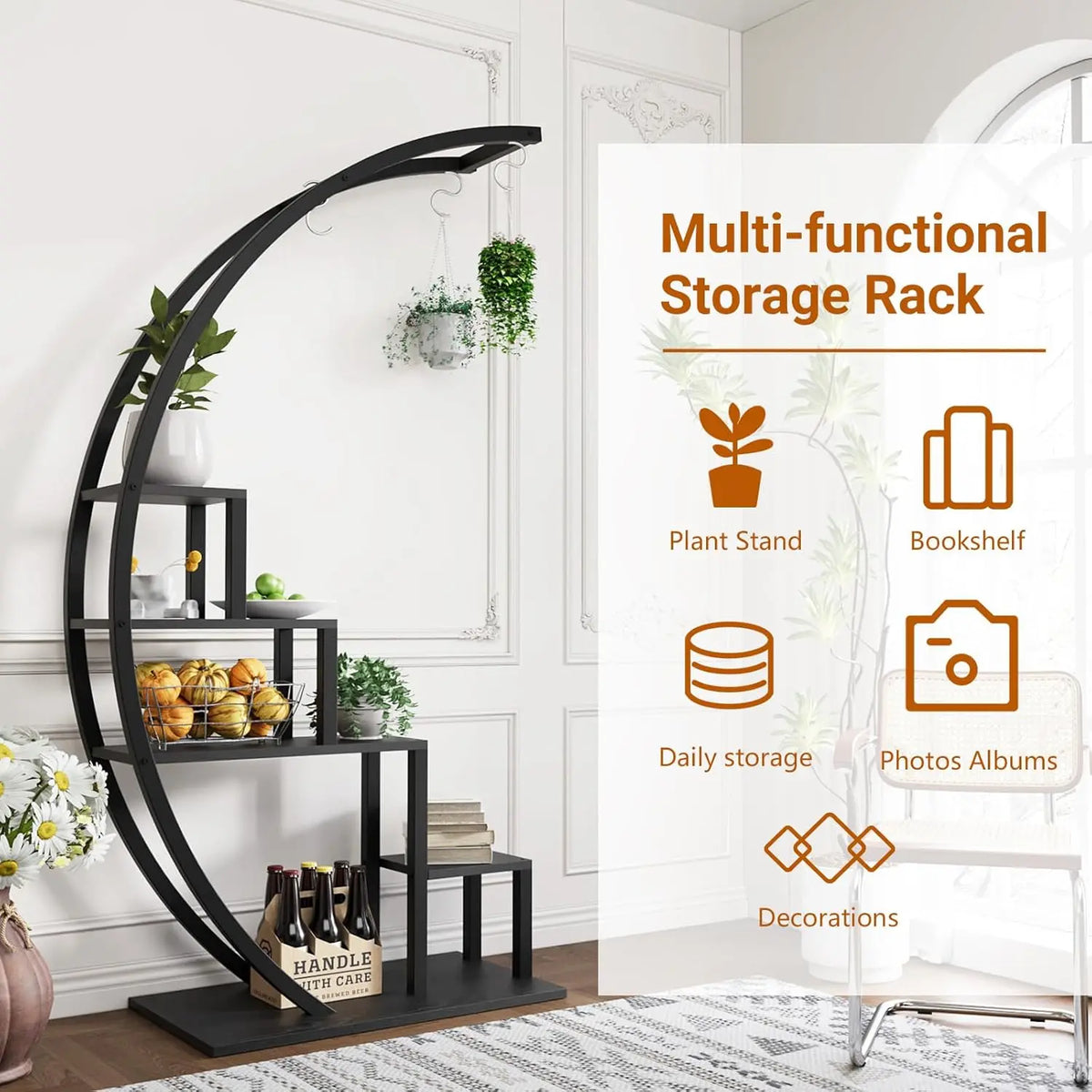 5-Tier Tall Metal Half Moon Plant Shelf, Space-Saving Indoor Flower Rack for Multiple Plants Display