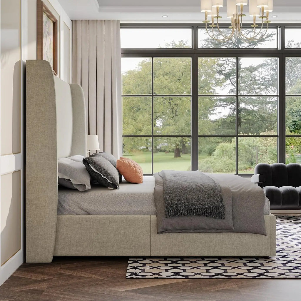 Lift Up Storage Bed King Upholstered Platform Frame Hydraulic Wingback Headboard No Box Spring Khaki, Customized