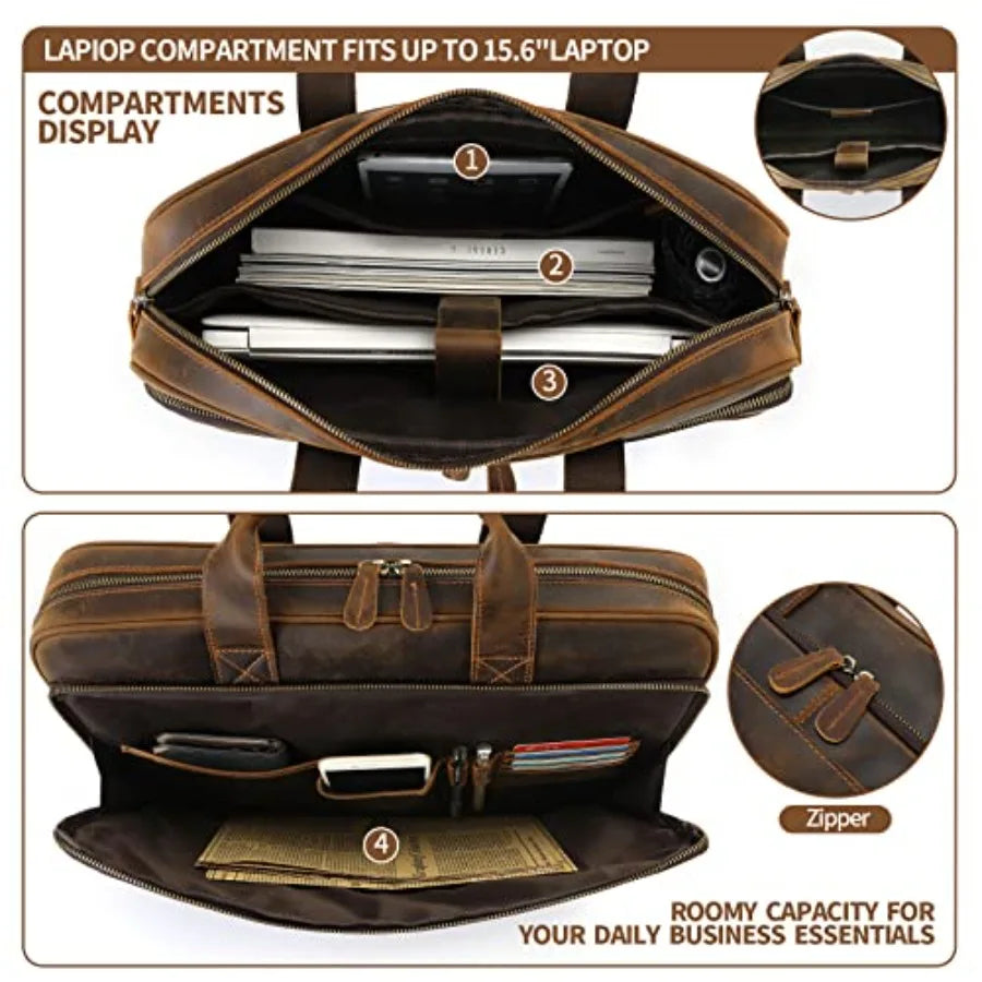 Full Grain Leather Briefcase for Men Business Messenger Bag Laptop Case Fits 15.6 Inch Laptop Brown Premium Quality Durable Des