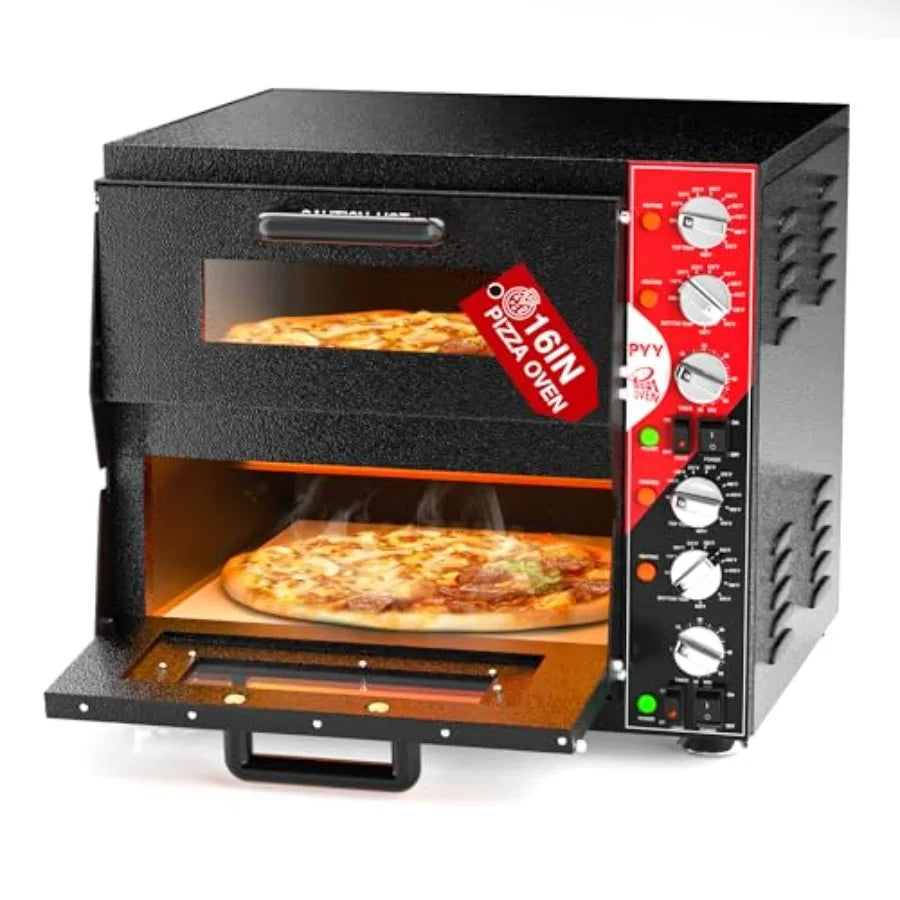 Indoor 16in Double Decker Electric Pizza Oven Countertop with Pizza Stone 60-Min Ring Timer 3200W ETL Listed Black for Home and