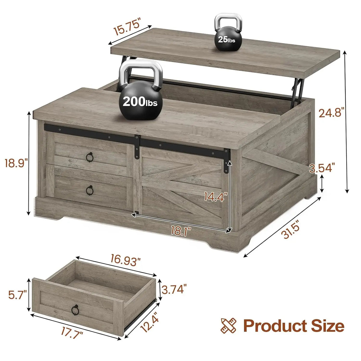 39.4in Lift Top Coffee Table Storage Hidden Compartment 2 Drawers Adjustable Shelf Living Room Gray Customized