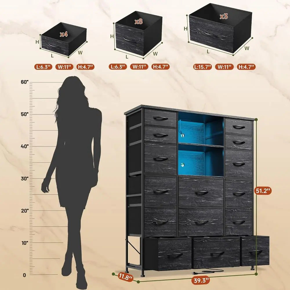 51 High Bedroom Dresser with 15 Drawers or Bedroom with Charging Station & LED Lights & Hutch Sturdy Black Bedroom Dressers, Ste