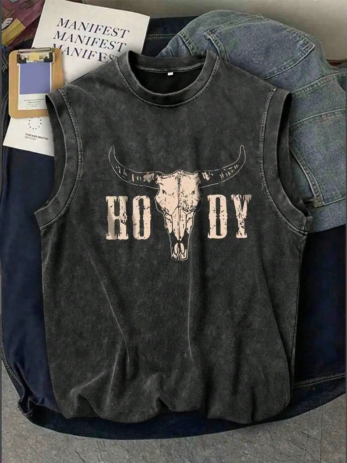 Men's Washed Vintage Sleeveless Tank Top with Distressed Bull Skull Graphic