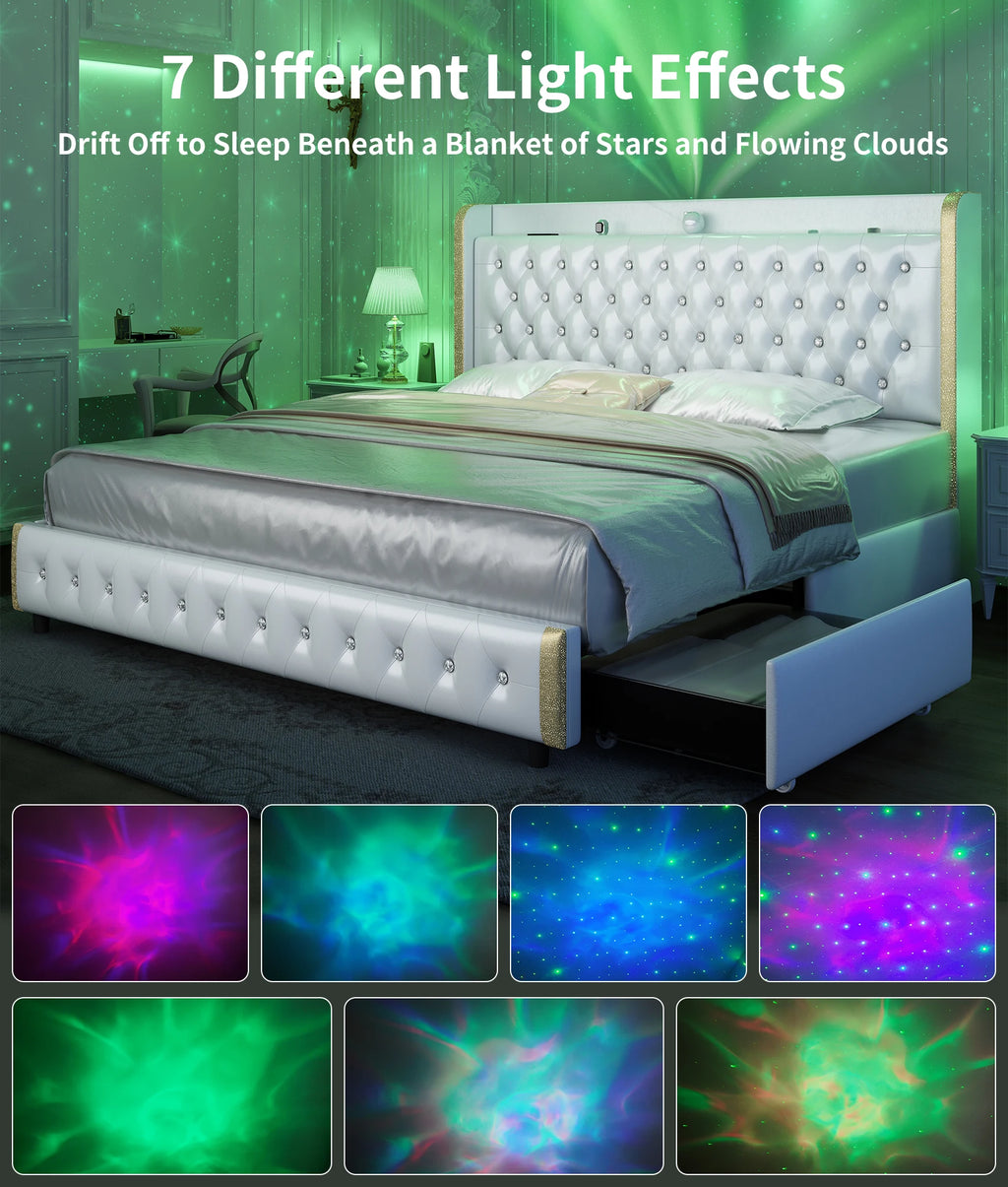 Queen Platform Bed Frame with LED Lights, Galaxy Projector, Wingback Headboard, 4 Storage Drawers, USB Ports, No Box Spring