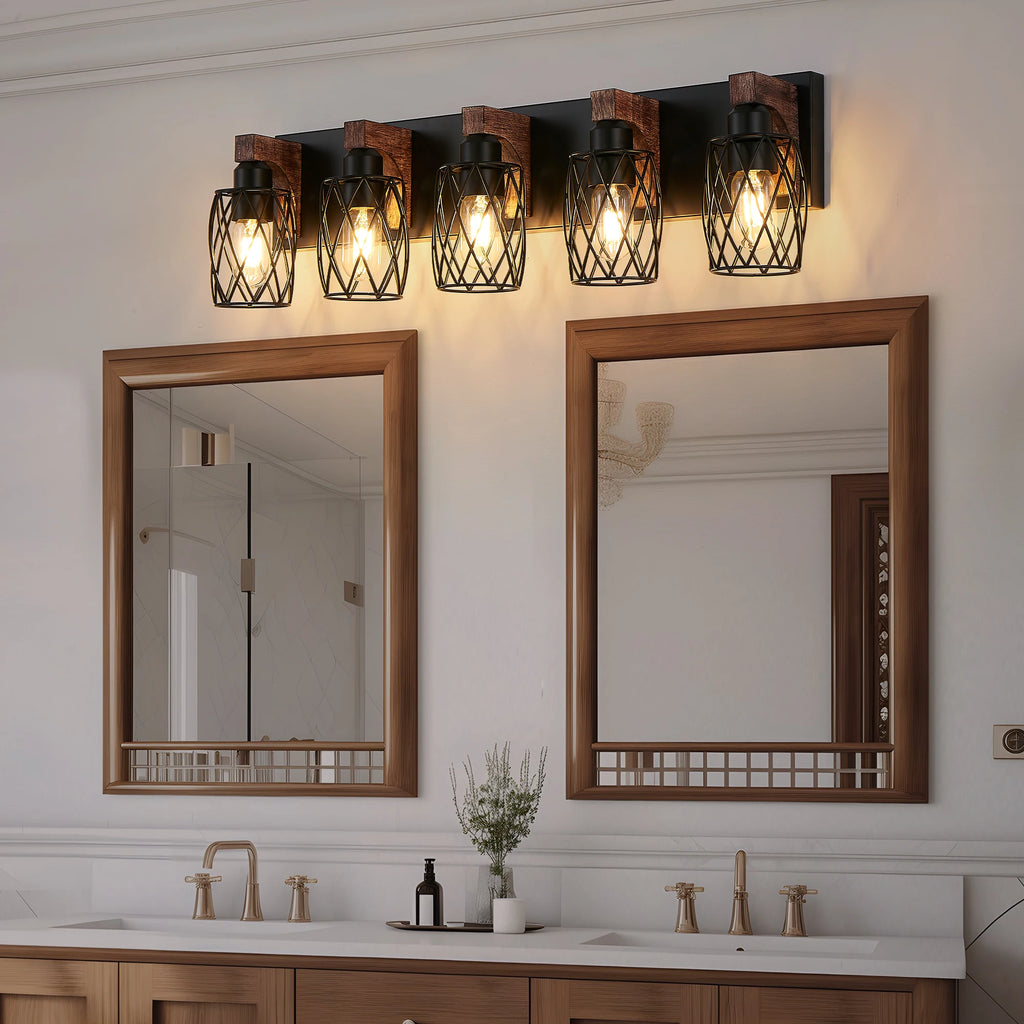 32 Inch 5-Light Vintage Mirror Sconce Black Cage Wall Sconce with Wooden Accents for Bathroom Bedroom (E26, Bulb Not Included)