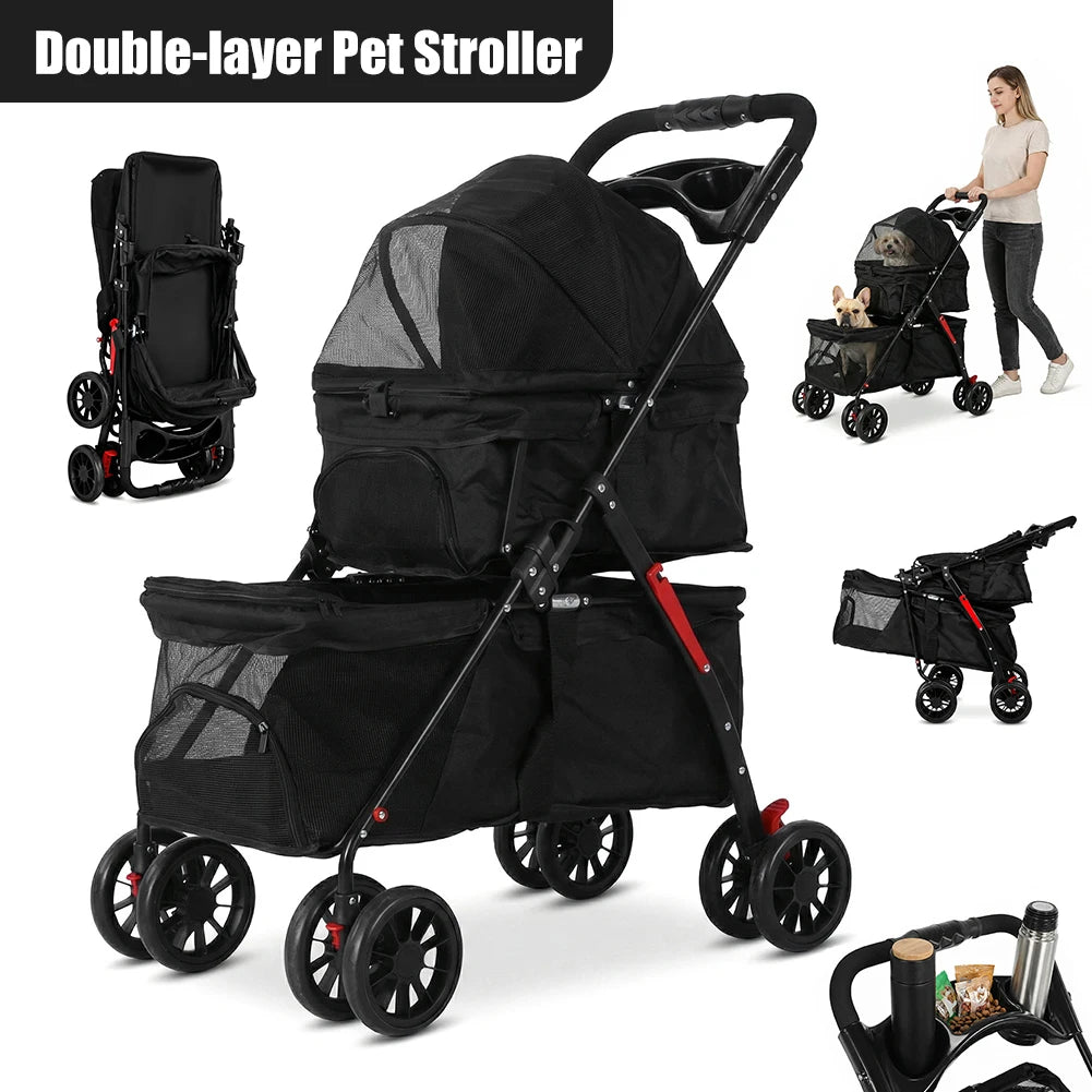 Cat Stroller for Dogs and Cats Foldable Cat Carrier with Safety Belts Cup Holder & Lockable Wheels for Daily Walks & Outdoor Use