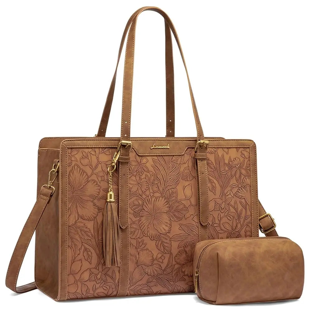 Laptop Bag for Women Vintage Leather Work Tote 15.6 inch Large Capacity Computer Bag with Clutch Purse for Teacher,Office,Ca