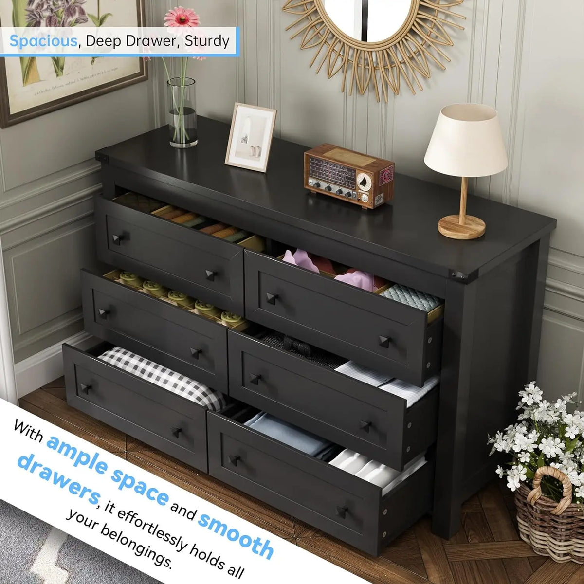 Black Dresser for Bedroom with 6 Drawers, Modern Chest of Drawers, Wood Dressers Bedroom Furniture Wide Storage, Customized