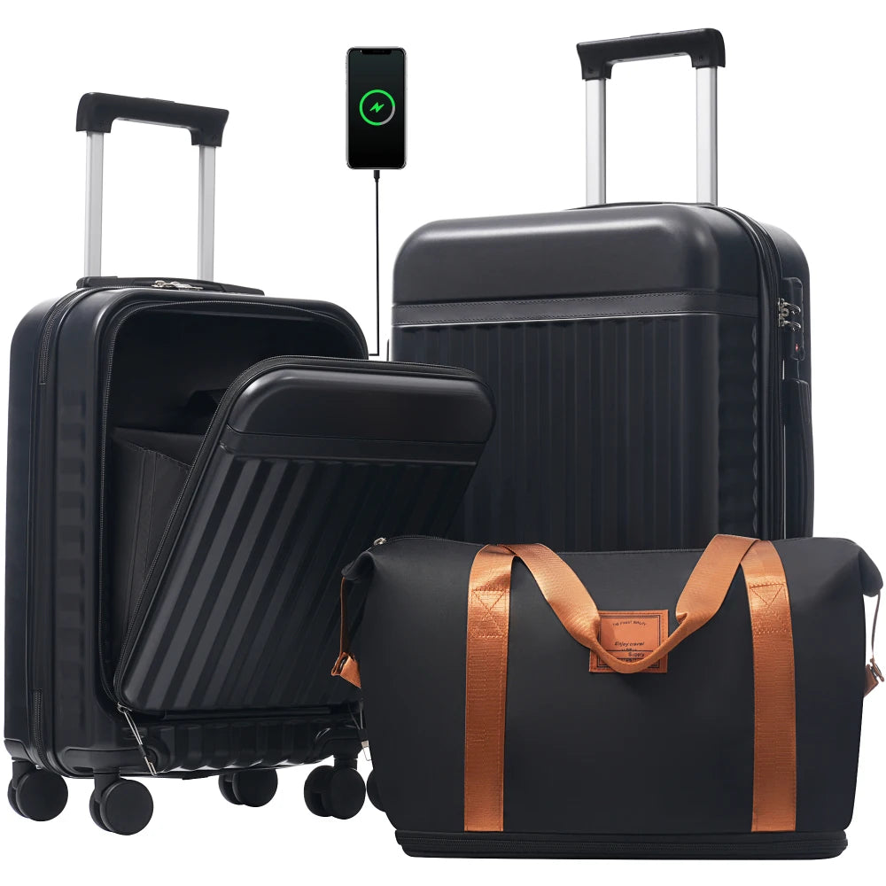 3PCS Front Opening Hardside Expandable Luggage Set Carry on Suitcase USB Port TSA Lock Spinner Wheels & Handle Bag