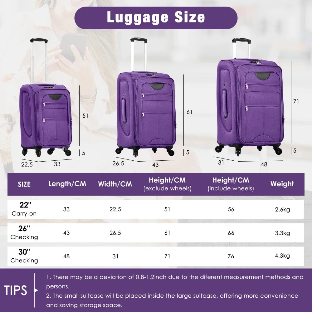 3 Piece Softside Expandable Luggage Set 22/26/30 Inch Duffel Bag Upright Spinner Wheels Lightweight Softshell Travel Luggage