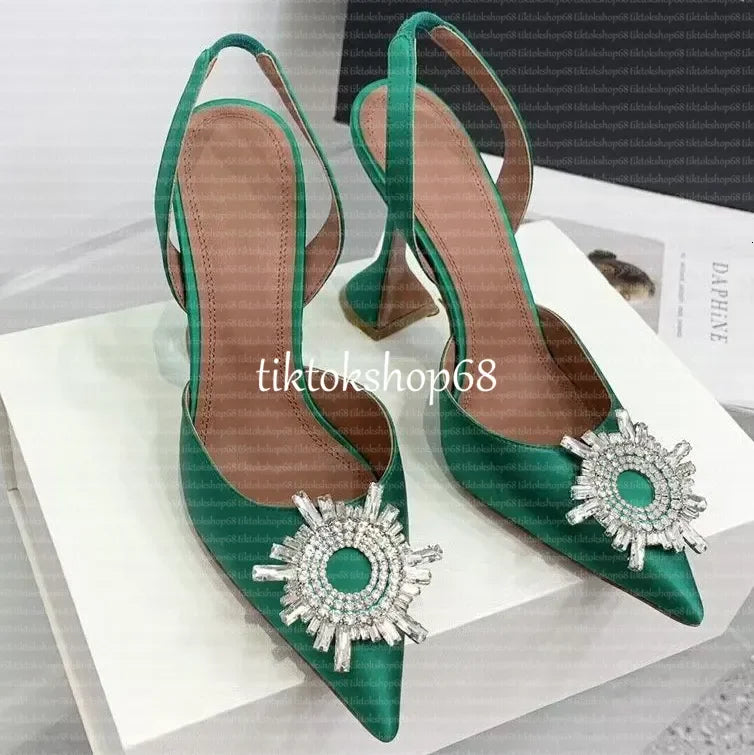 Amina muadii heels designer sandals womens wedding dress shoes satin pointed slingbacks bowtie pumps crystal sunflower flower hi
