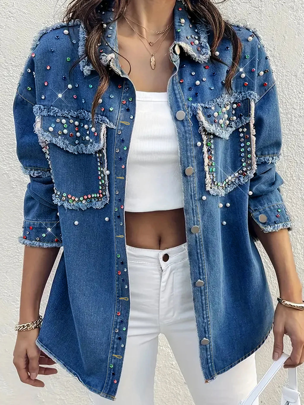 plus Size Women's Loose Denim Jacket with Rhinestone And Pearl Design Casual Washed Large Size Women's Denim Jacket