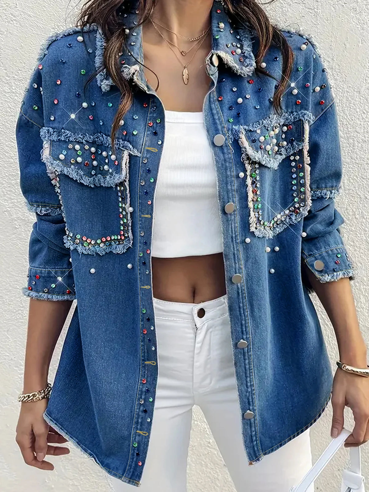 plus Size Women's Loose Denim Jacket with Rhinestone And Pearl Design Casual Washed Large Size Women's Denim Jacket