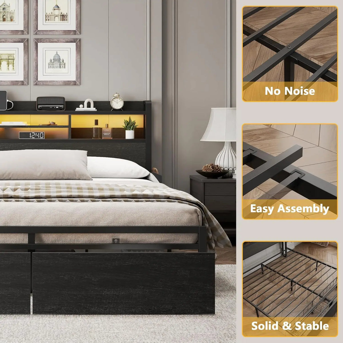 Frame with Wood Headboard and Storage Shelf, Metal Platform Bed Frame with Storage Drawers, Customized